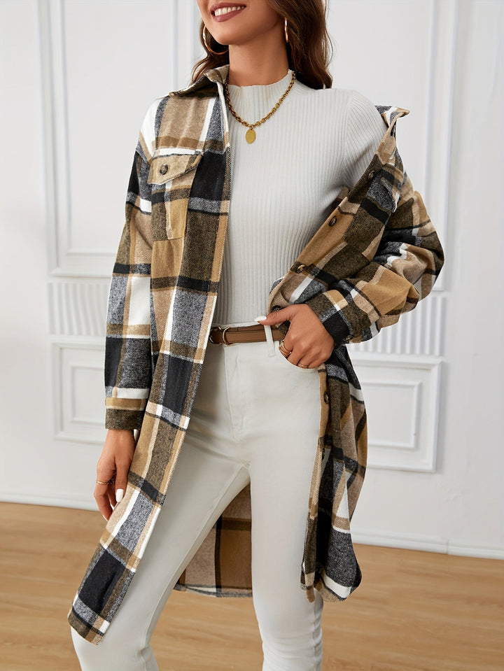 Talia | Damen langer karierter Mantel mit Knöpfen und Taschen