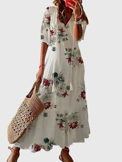 Amalia | Retro Bohemian Sommerkleid für Damen mit Blumenmuster und V-Ausschnitt