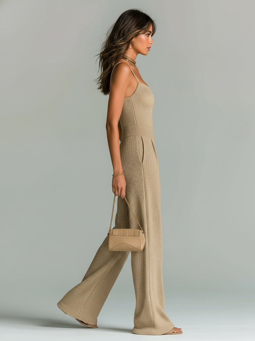 ElevenOra Stilvolles Kamel Strappy Ärmelloses Tailliertes Weites Bein Geripptes Strick-Jumpsuit