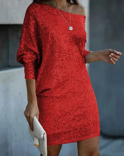 Chic Pailletten Feierkleid für Damen mit Rundhalsausschnitt und 3/4-Ärmeln
