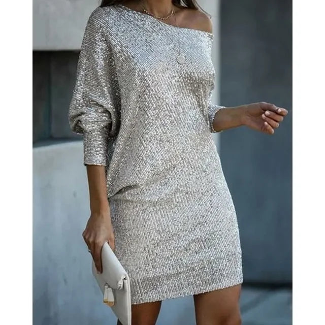 Chic Pailletten Feierkleid für Damen mit Rundhalsausschnitt und 3/4-Ärmeln
