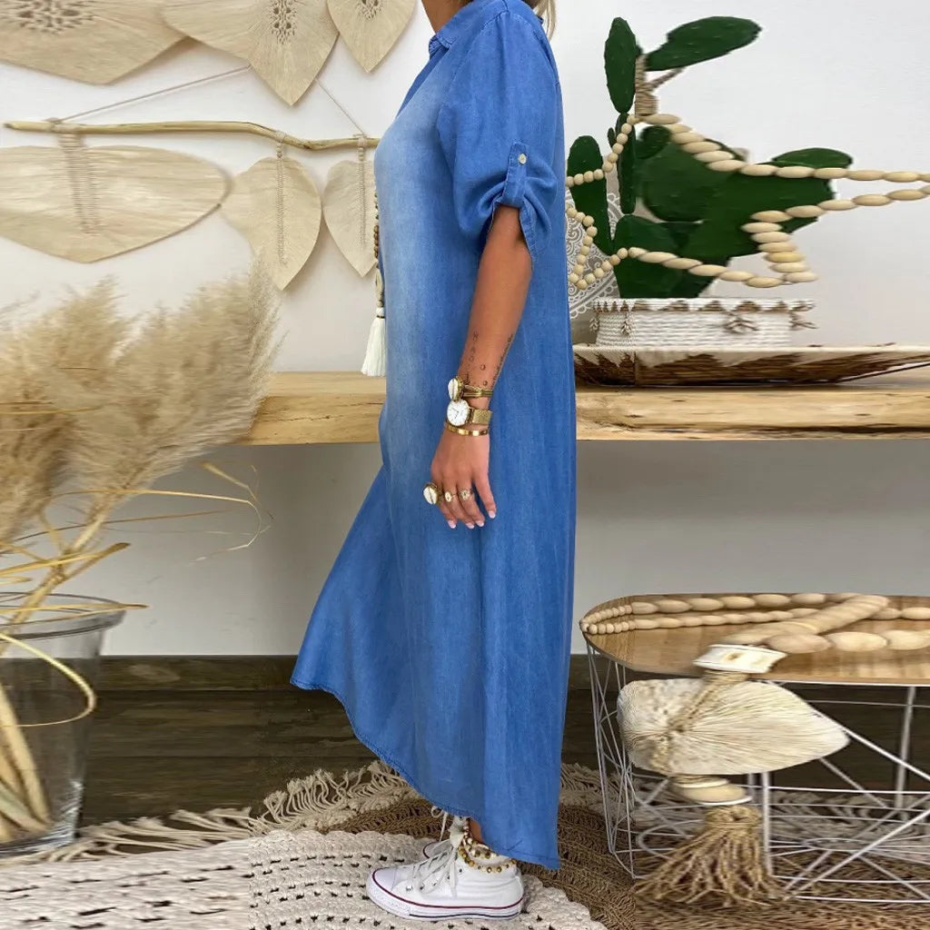Lea | Lässiges langes Denim-Maxikleid für Damen mit V-Ausschnitt und kurzen Ärmeln