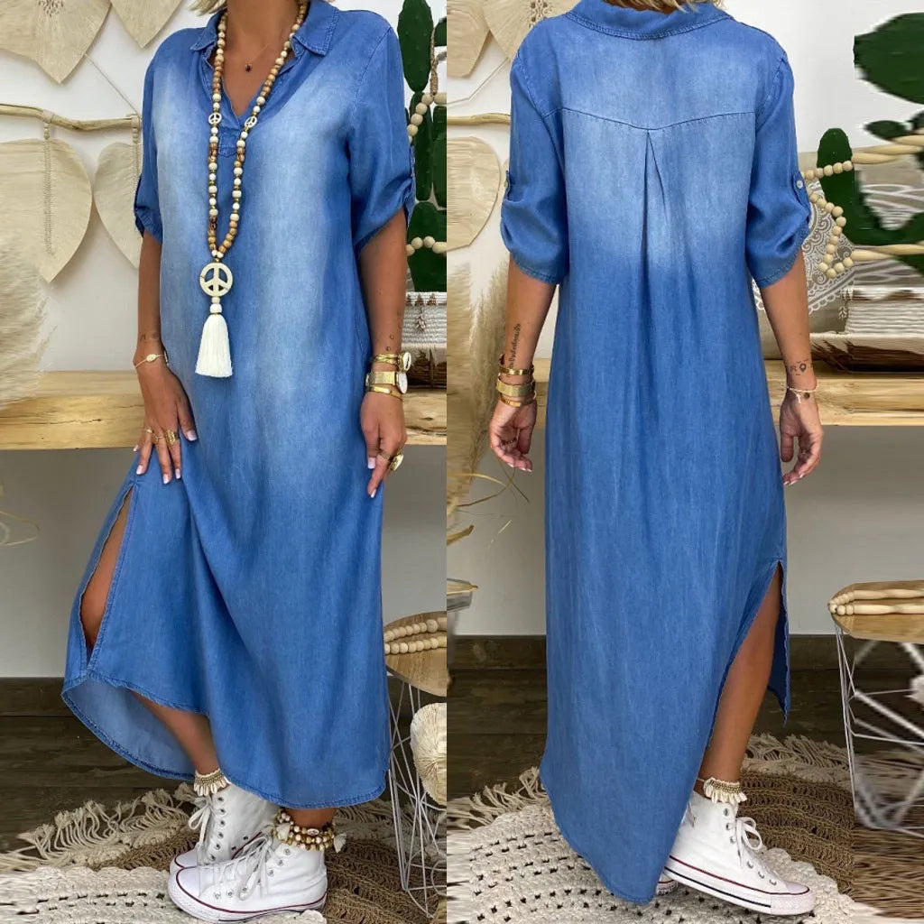 Lea | Lässiges langes Denim-Maxikleid für Damen mit V-Ausschnitt und kurzen Ärmeln