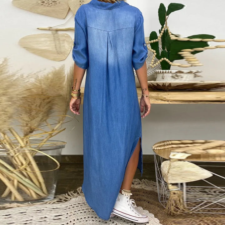 Lea | Lässiges langes Denim-Maxikleid für Damen mit V-Ausschnitt und kurzen Ärmeln