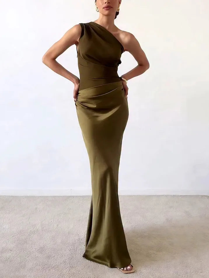 Anita | Schickes Ein-Schulter-Maxi-Kleid | Plissiertes Festkleid für Damen