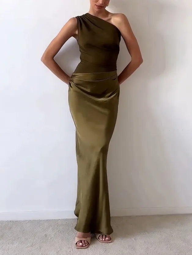 Anita | Schickes Ein-Schulter-Maxi-Kleid | Plissiertes Festkleid für Damen