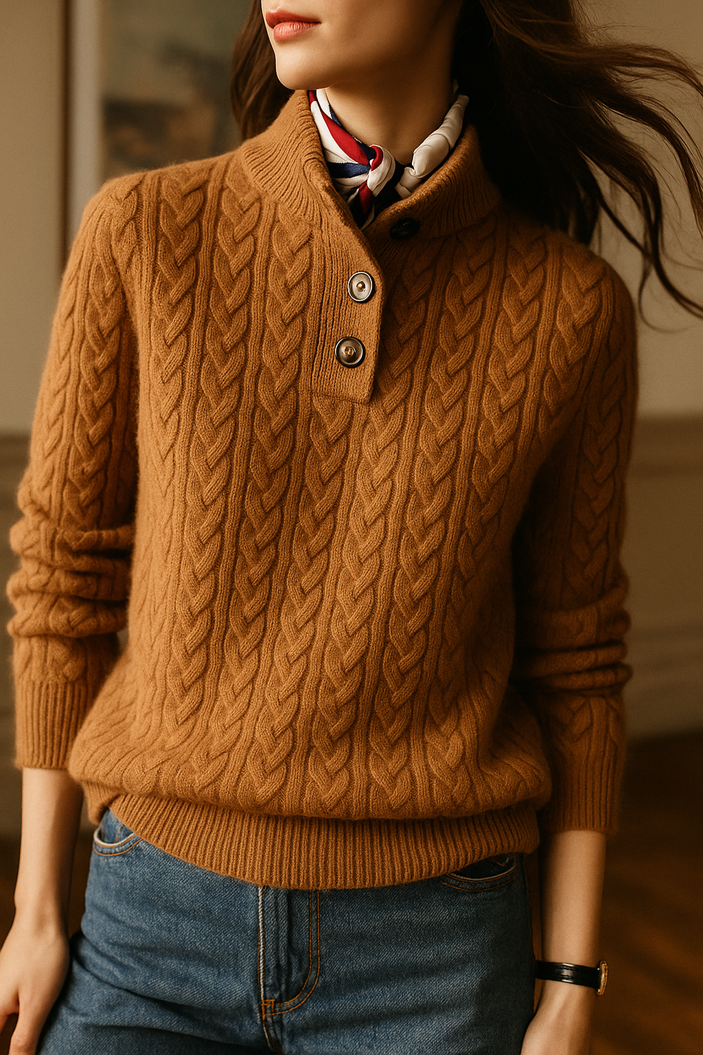 Arden Pullover für Damen mit Knopfleiste, Rundhalsausschnitt und Stehkragen