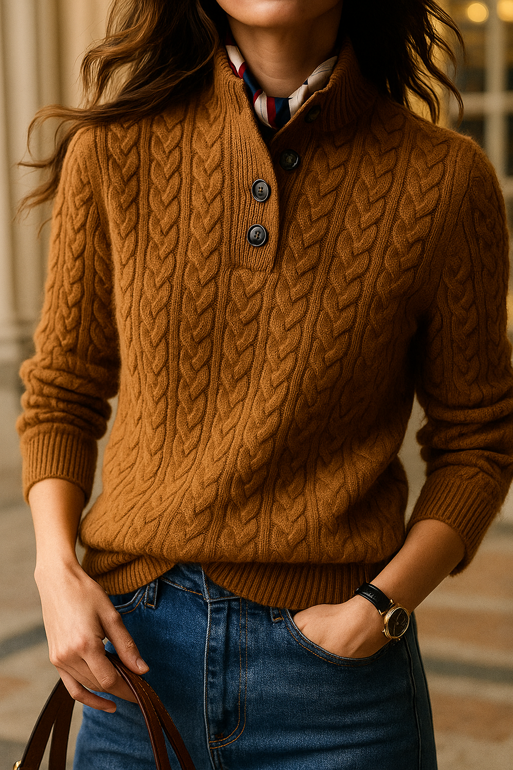 Arden Pullover für Damen mit Knopfleiste, Rundhalsausschnitt und Stehkragen