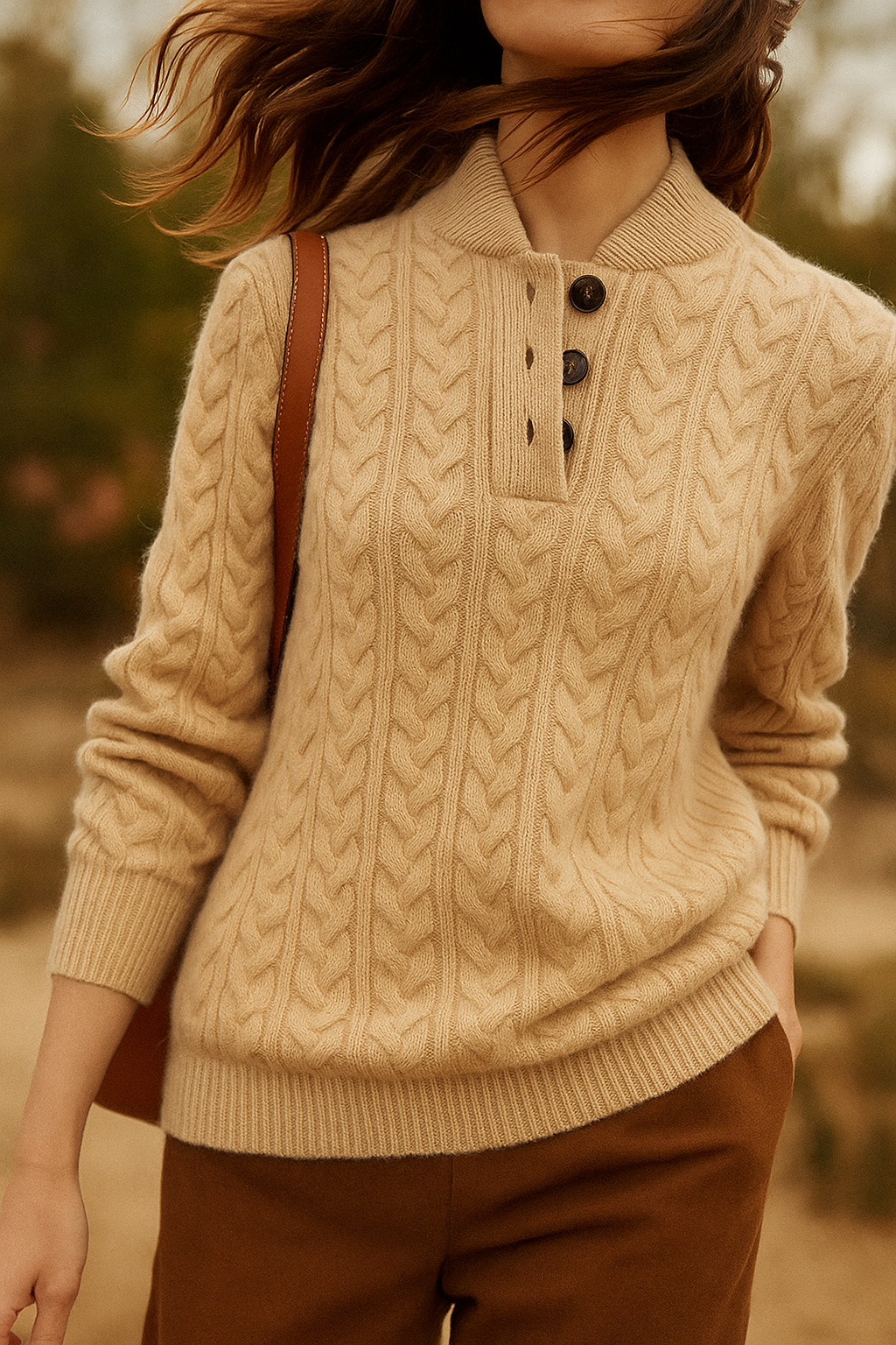 Arden Pullover für Damen mit Knopfleiste, Rundhalsausschnitt und Stehkragen