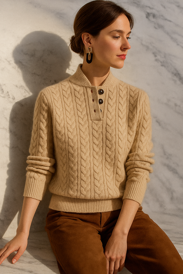 Arden Pullover für Damen mit Knopfleiste, Rundhalsausschnitt und Stehkragen