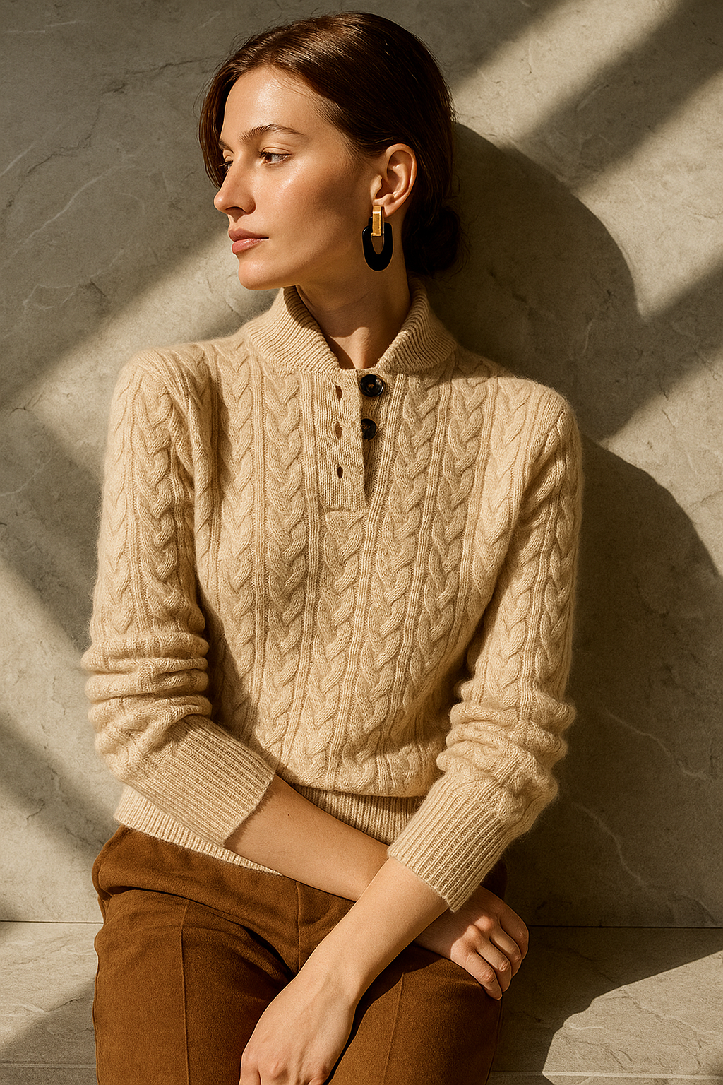 Arden Pullover für Damen mit Knopfleiste, Rundhalsausschnitt und Stehkragen
