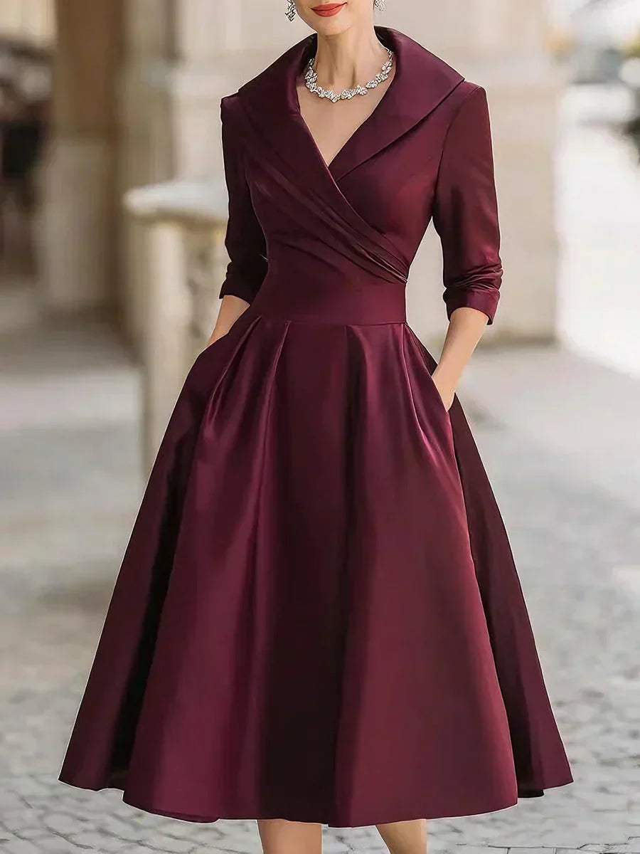 Clara | Elegantes Midikleid für Damen mit V-Ausschnitt und 3/4-Ärmeln