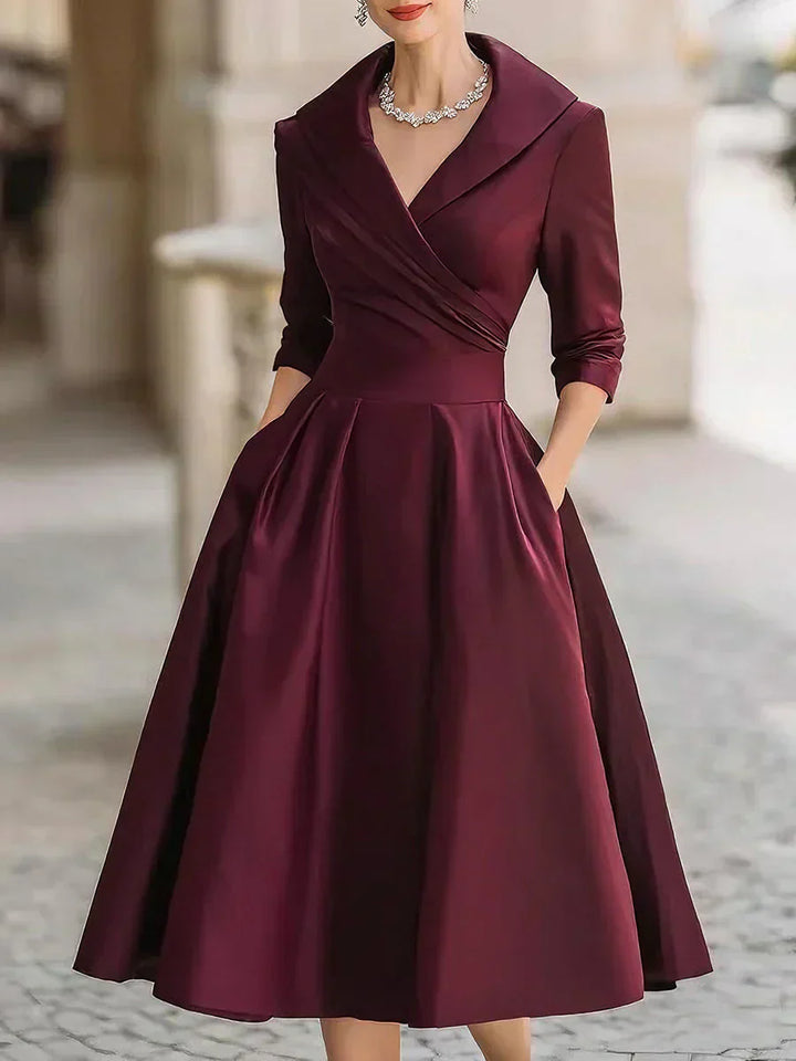 Clara | Elegantes Midikleid für Damen mit V-Ausschnitt und 3/4-Ärmeln