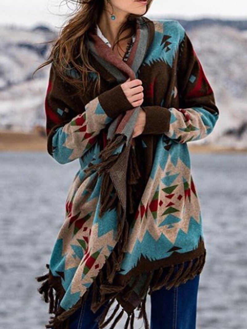 Damen Wickelcardigan mit langen Ärmeln und Fransen