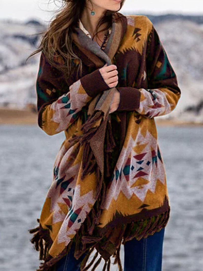 Damen Wickelcardigan mit langen Ärmeln und Fransen