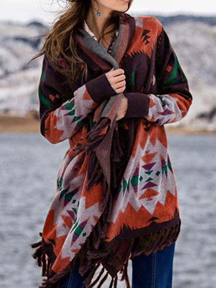 Damen Wickelcardigan mit langen Ärmeln und Fransen