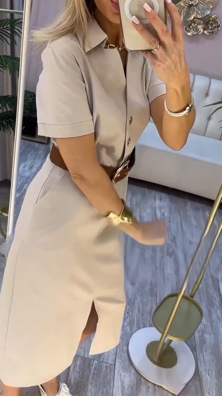 Damen Midikleid mit kurzen Ärmeln, Seitenschlitz und Knöpfen