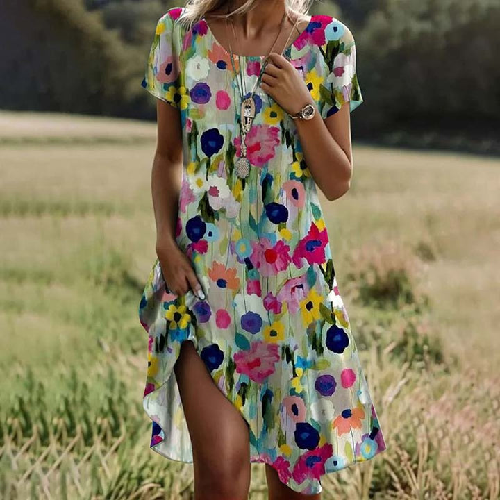 Priya | Wasserfarben-Blütenkleid für Damen mit Blumenmuster und Rundhalsausschnitt