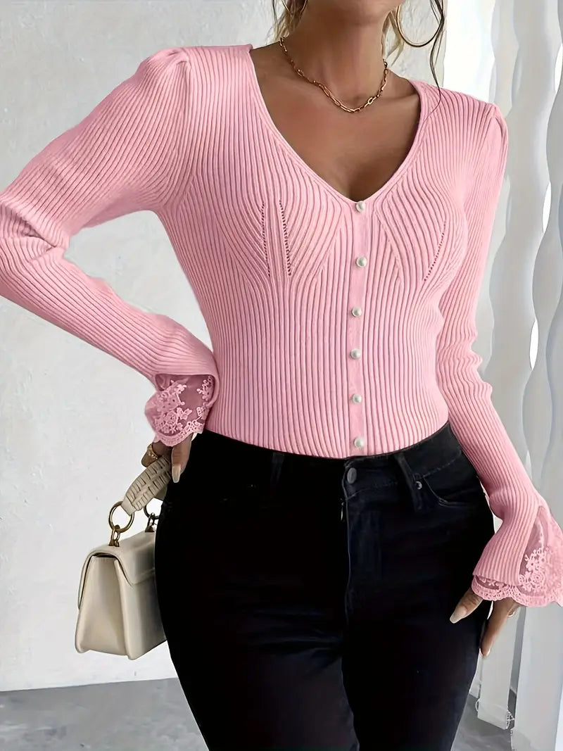 V-Ausschnitt Rippentop Cardigan für Damen mit ärmeln und Blumenmuster
