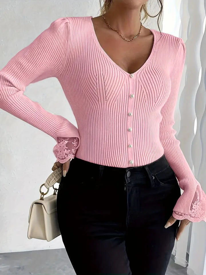 V-Ausschnitt Rippentop Cardigan für Damen mit ärmeln und Blumenmuster