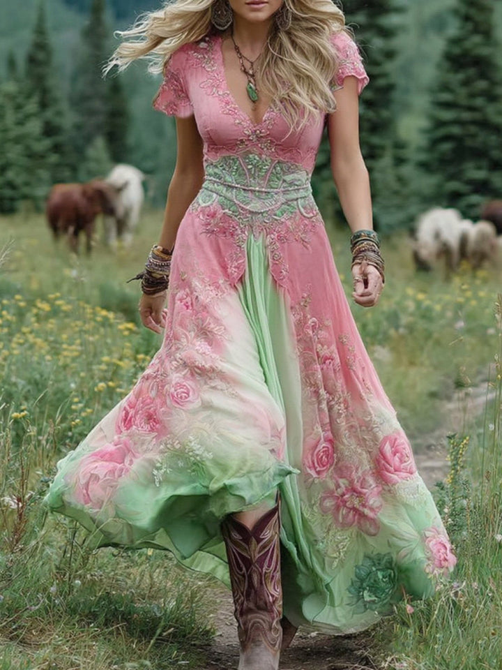 Mavis | Elegantes Florales Maxikleid für Damen mit V-Ausschnitt und kurzen Ärmeln
