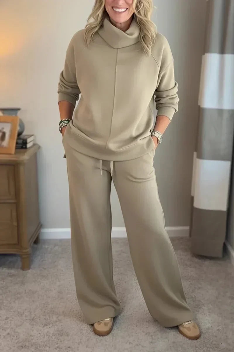 Sofia | Damen Weitbeiniger Langarm Turtleneck Zweiteiler mit Taschen