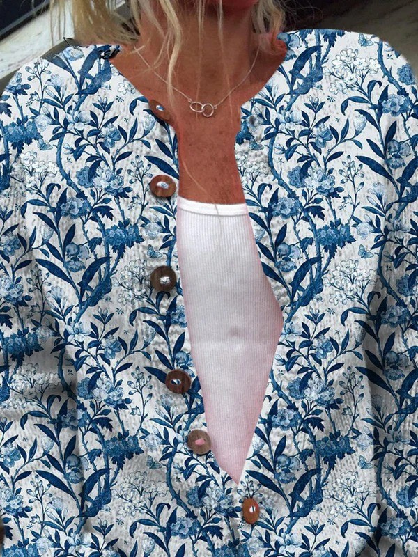 Eleganter blauer und weißer Blumenmuster-Print Knopf-Cardigan-Pullover für Damen