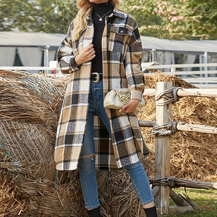 Talia | Damen langer karierter Mantel mit Knöpfen und Taschen