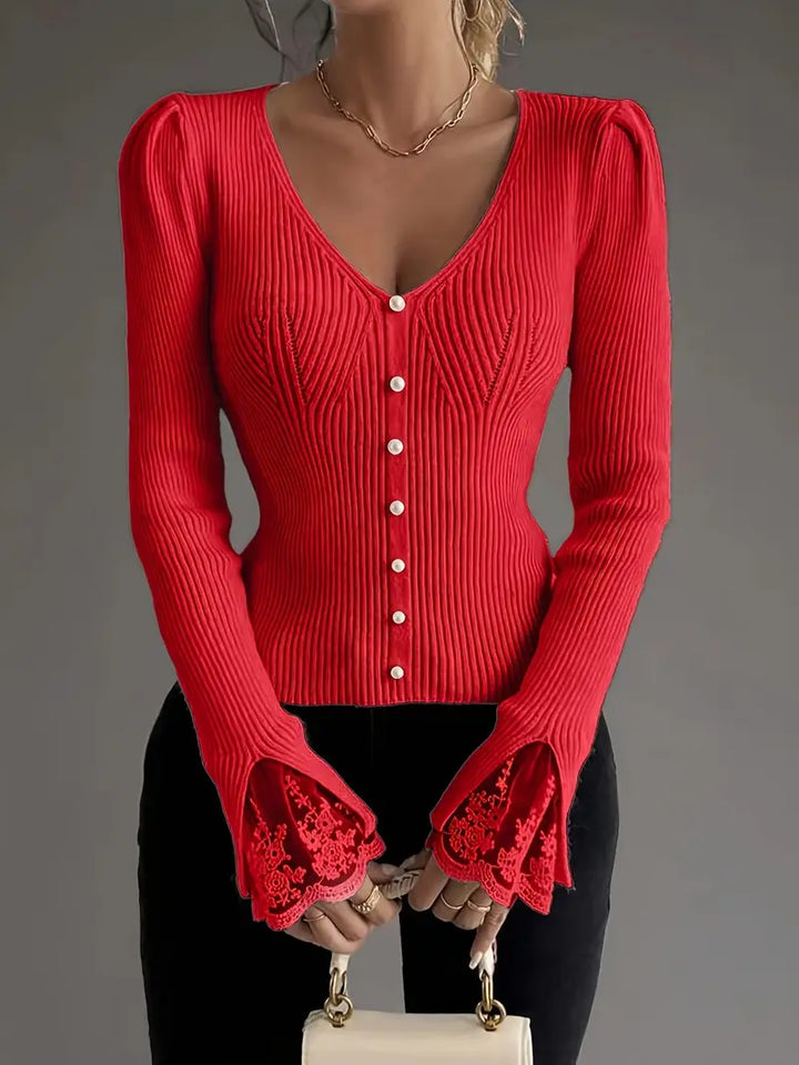 V-Ausschnitt Rippentop Cardigan für Damen mit ärmeln und Blumenmuster