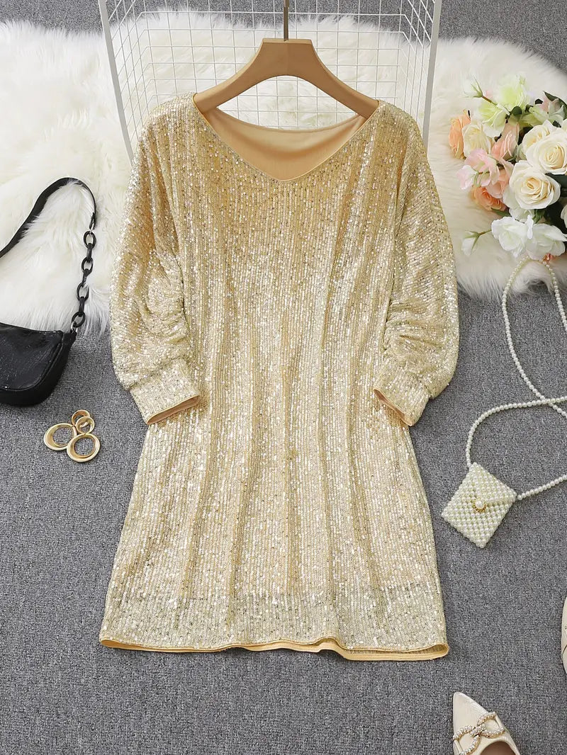 Chic Pailletten Feierkleid für Damen mit Rundhalsausschnitt und 3/4-Ärmeln
