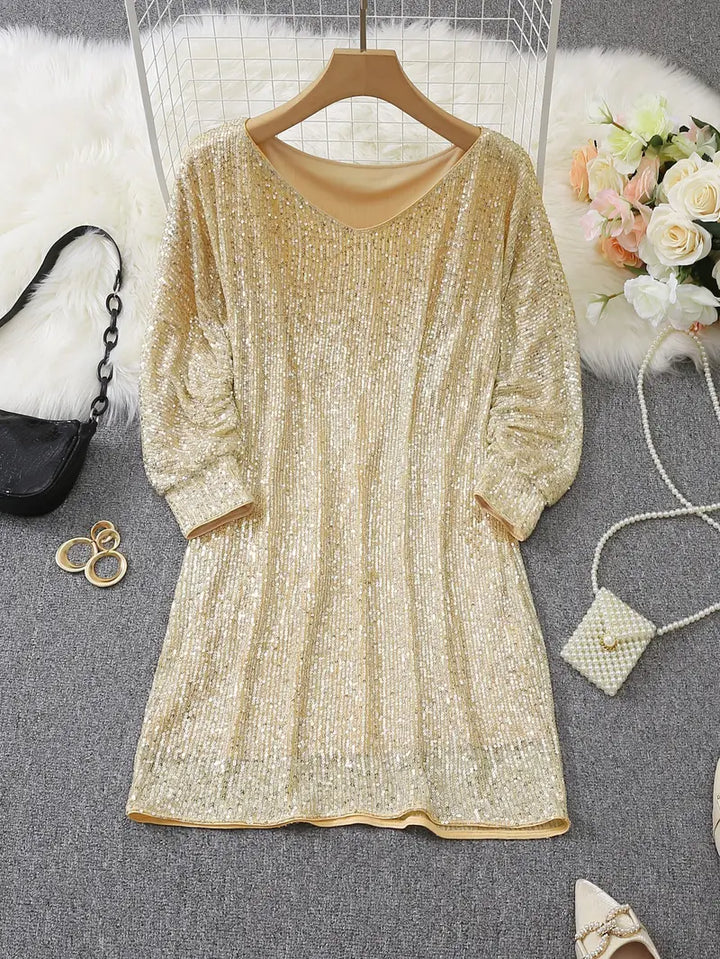 Chic Pailletten Feierkleid für Damen mit Rundhalsausschnitt und 3/4-Ärmeln