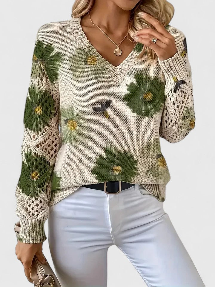 Deborah | Lässiger Floral-Pullover für Damen mit V-Ausschnitt und langen Ärmeln