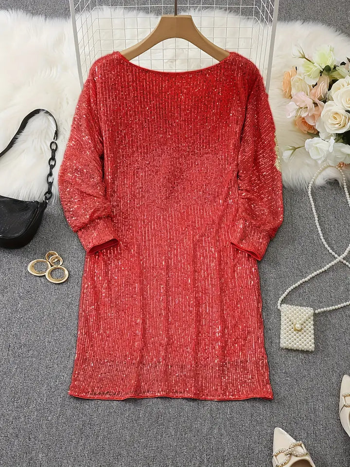 Chic Pailletten Feierkleid für Damen mit Rundhalsausschnitt und 3/4-Ärmeln