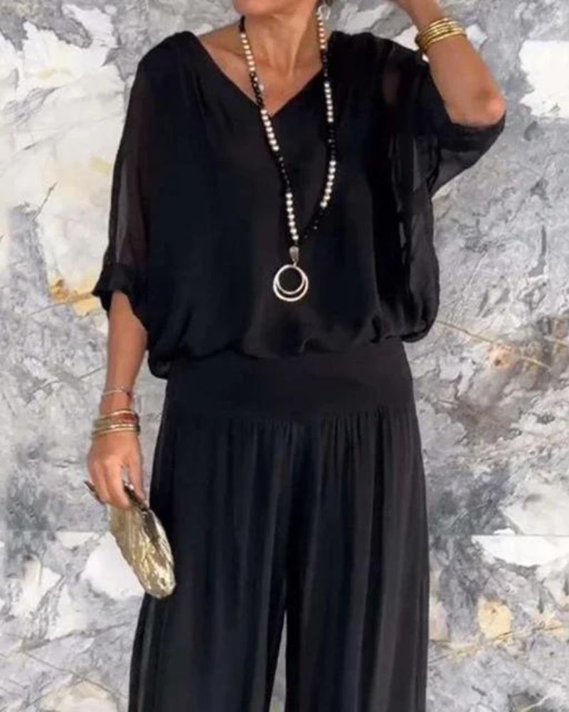 Jolia | Zweiteiliges Boho-Set für Damen mit V-Ausschnitt und 3/4-Ärmeln