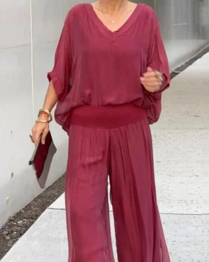 Jolia | Zweiteiliges Boho-Set für Damen mit V-Ausschnitt und 3/4-Ärmeln