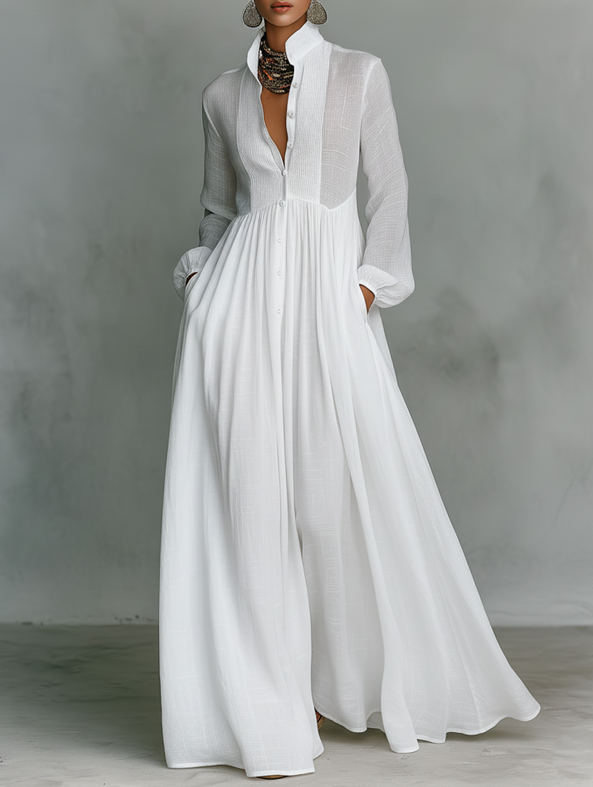 Elisa | und Maxi-Kleid für Damen mit Patchwork, hohem Kragen und langen Ärmeln | Minimalistischer Stil
