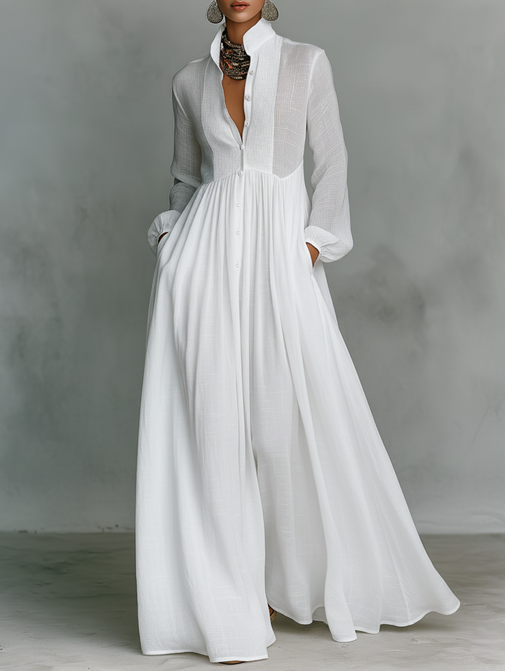 Elisa | und Maxi-Kleid für Damen mit Patchwork, hohem Kragen und langen Ärmeln | Minimalistischer Stil