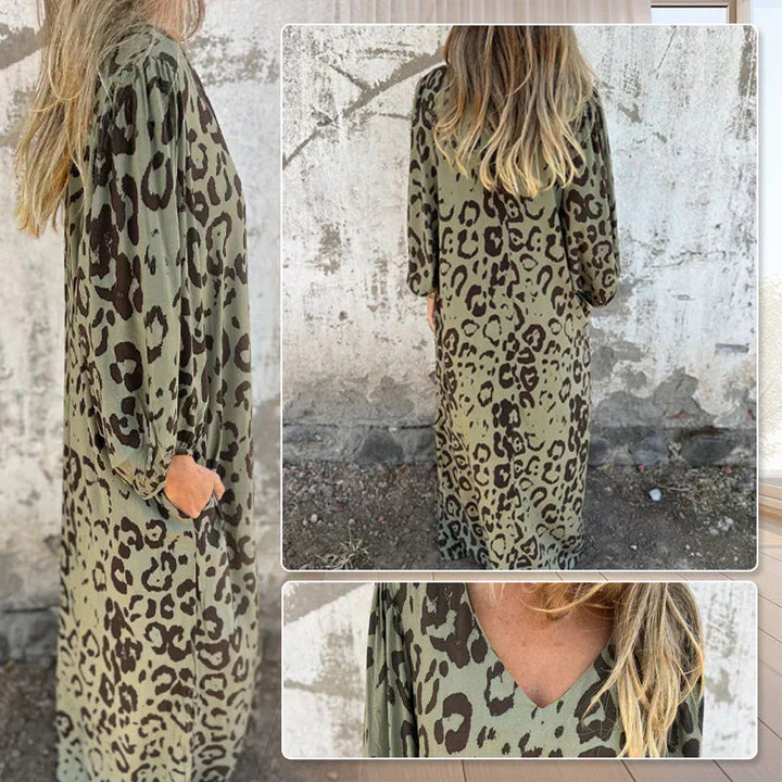 Nala | Safari Chic Leopardenkleid für Damen mit V-Ausschnitt und 3/4-Ärmeln