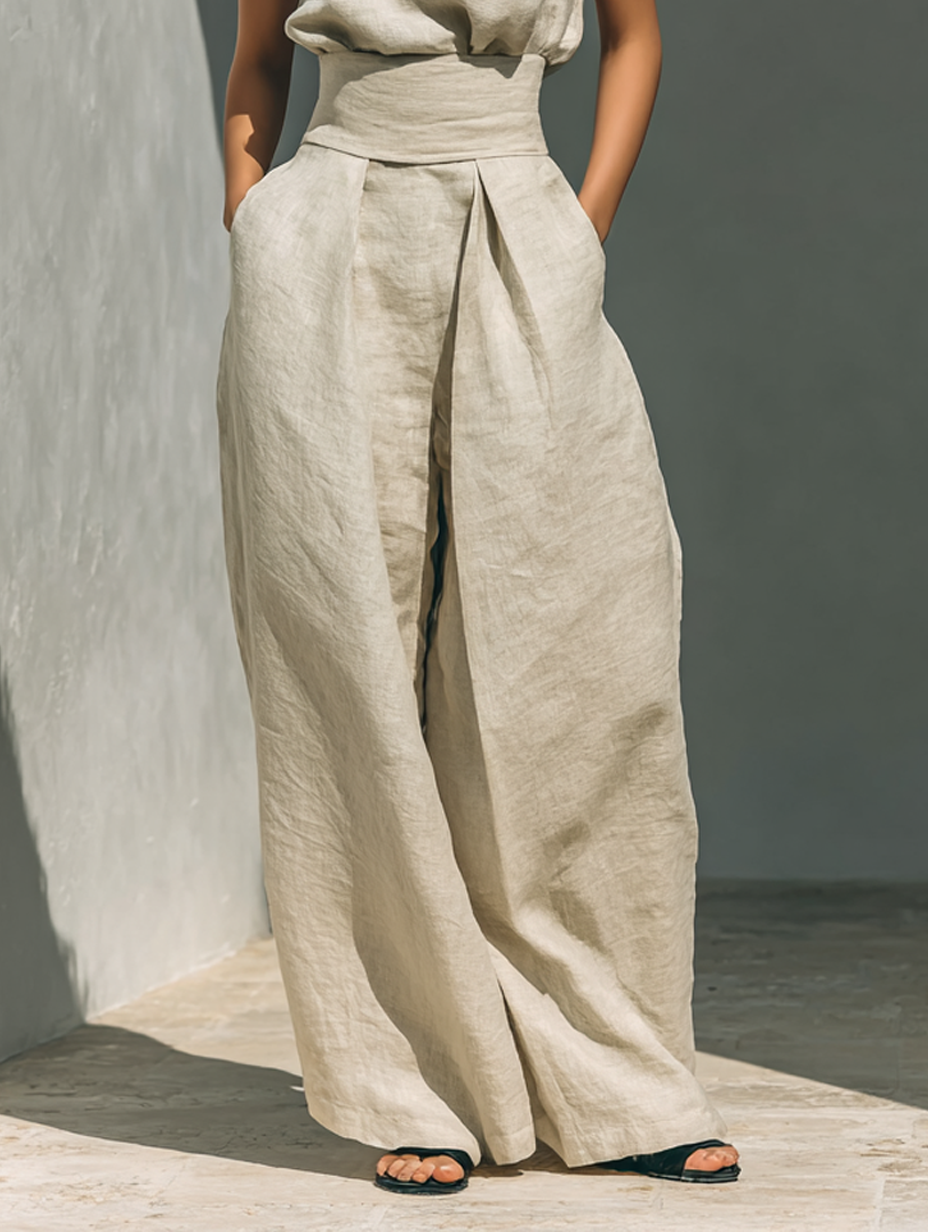 Damen Ärmellose Bluse und Weite-Hosen Ensemble mit hohem Bund