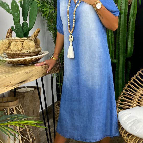 Ilse | Sommer V-Ausschnitt Halb Denim Maxikleid für Damen