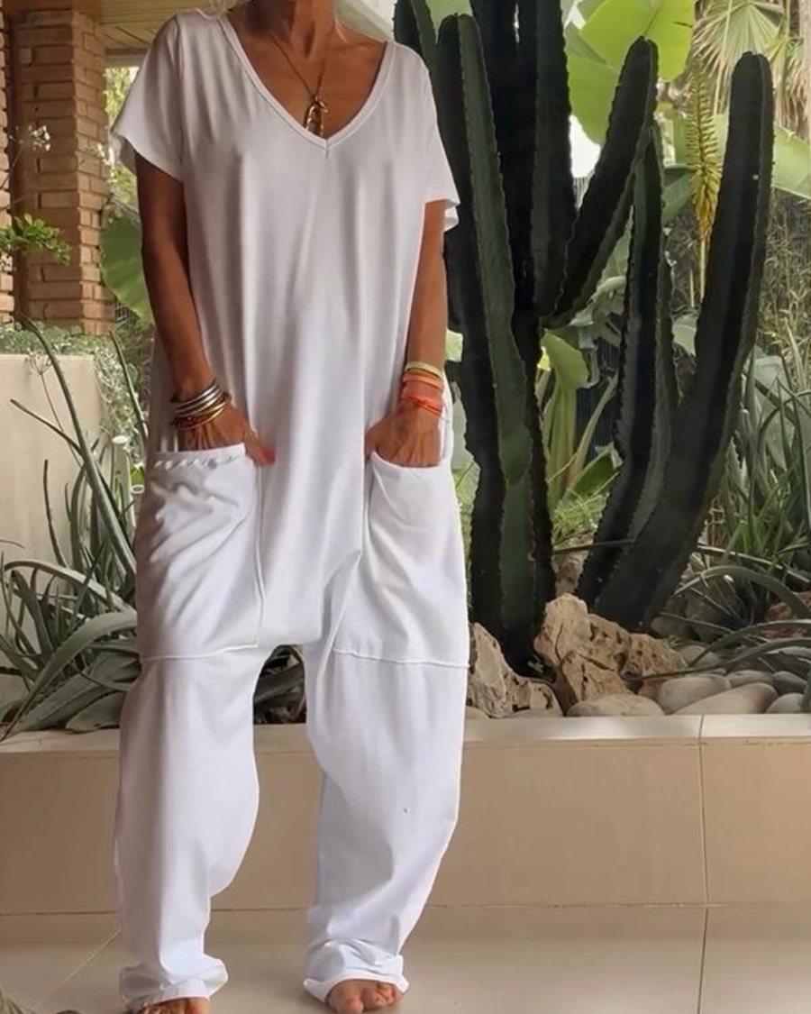 Yelena | Lässiger V-Ausschnitt Einfarbiger Jumpsuit für Damen