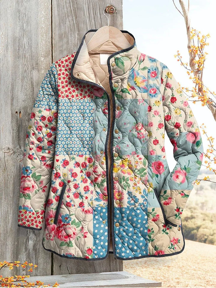 Damen Vintage Charmante Blumenjacke Casual Gep quiltet mit Rundhalsausschnitt