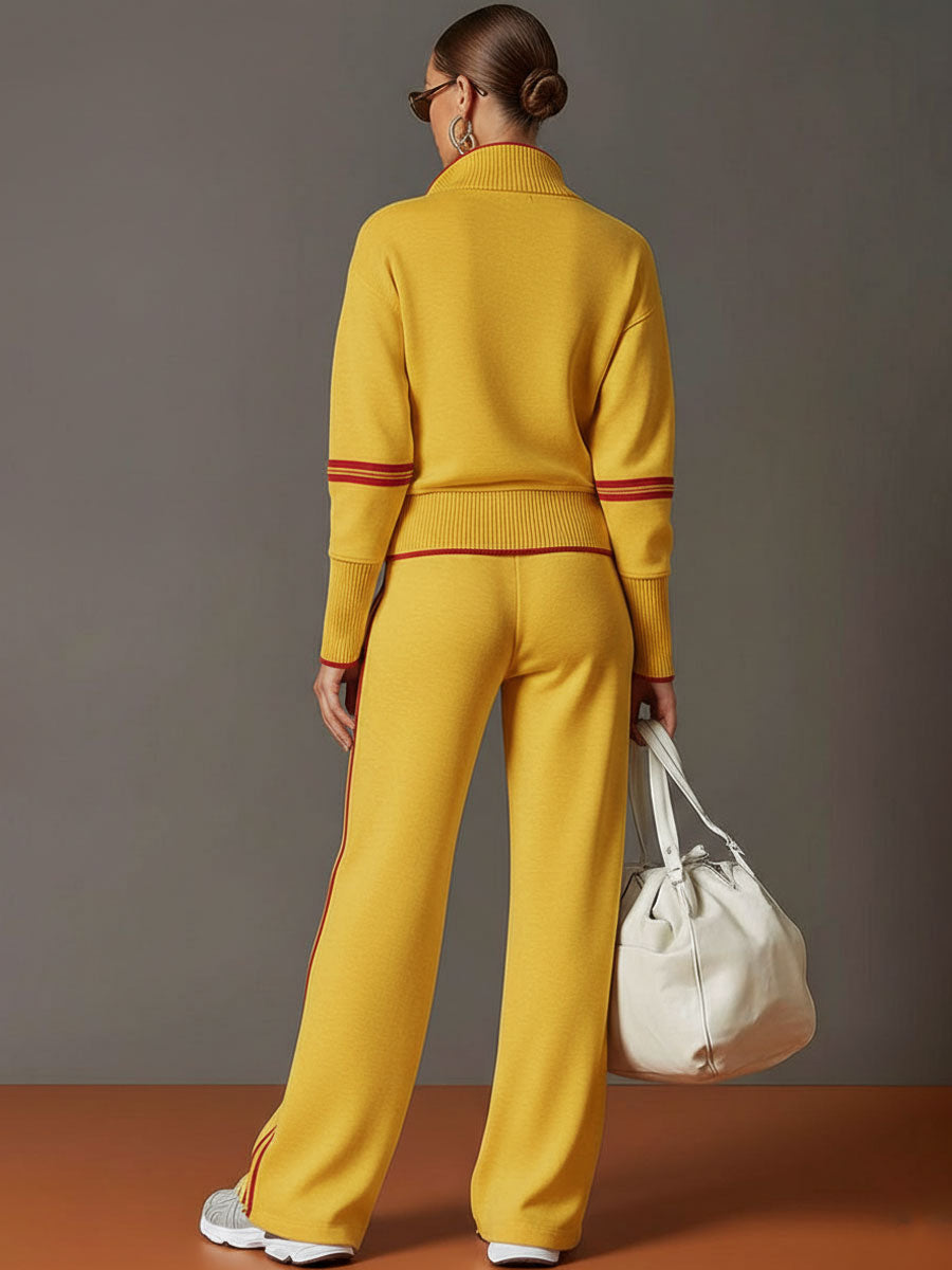 Vintage-inspirierter grauer und weißer Halbzip-Sweatshirt für Damen mit weitem Hosen-Set