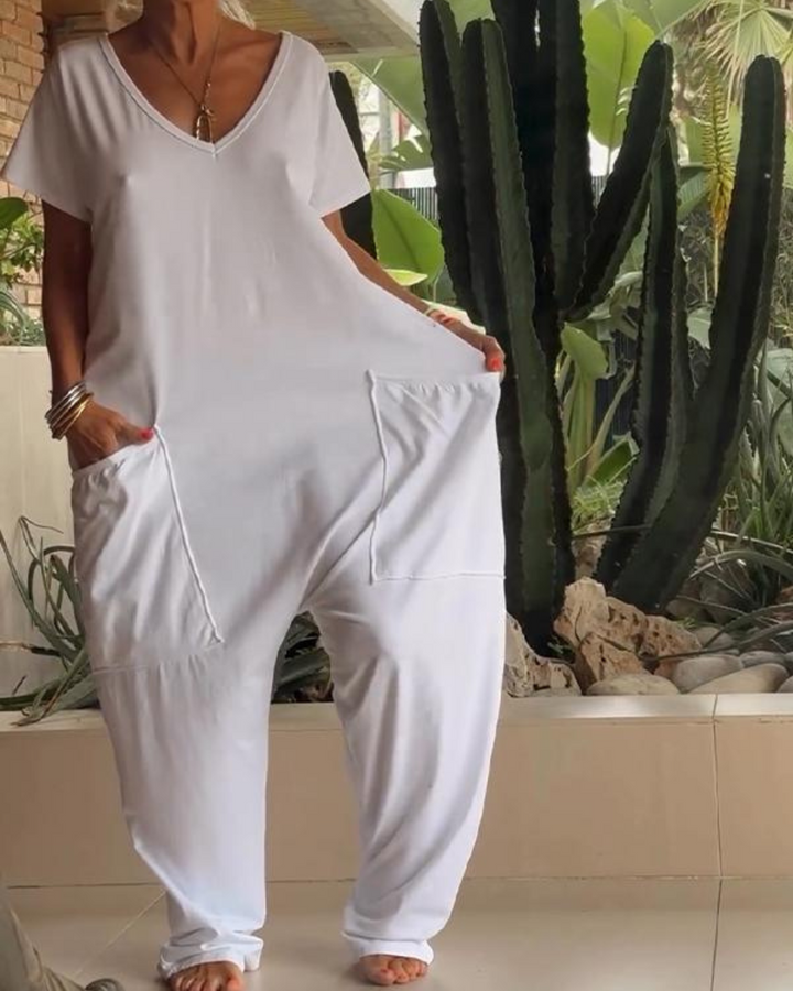Yelena | Lässiger V-Ausschnitt Einfarbiger Jumpsuit für Damen