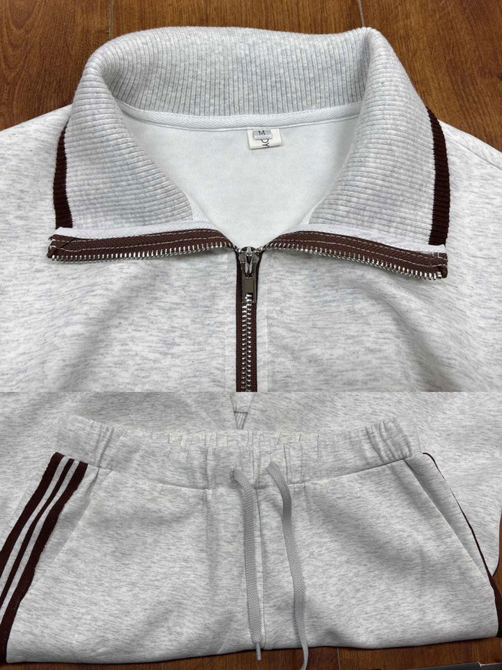 Vintage-inspirierter grauer und weißer Halbzip-Sweatshirt für Damen mit weitem Hosen-Set