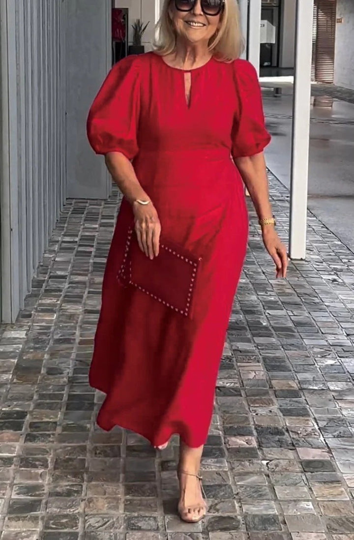 Juliana | Elegantes Midikleid für Damen mit Puffärmeln und Rundhalsausschnitt