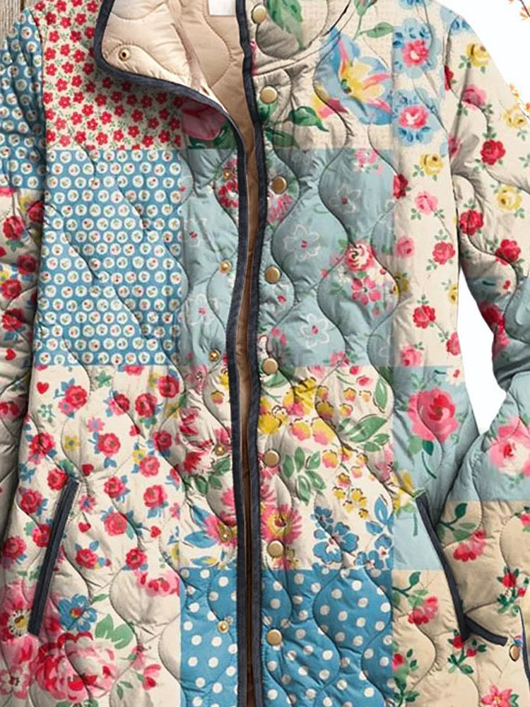 Damen Vintage Charmante Blumenjacke Casual Gep quiltet mit Rundhalsausschnitt