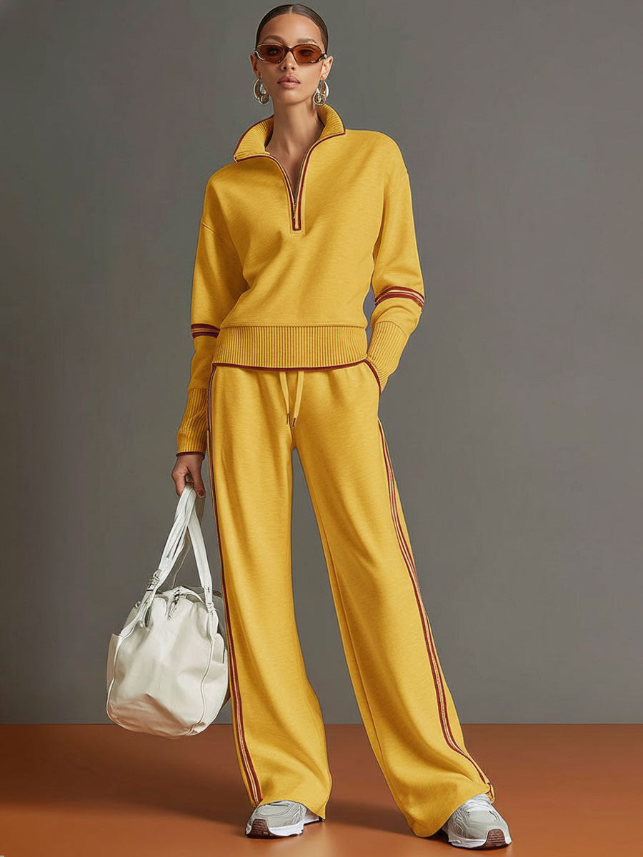 Vintage-inspirierter grauer und weißer Halbzip-Sweatshirt für Damen mit weitem Hosen-Set