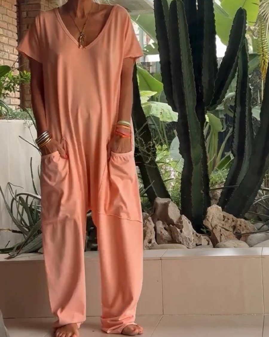 Yelena | Lässiger V-Ausschnitt Einfarbiger Jumpsuit für Damen