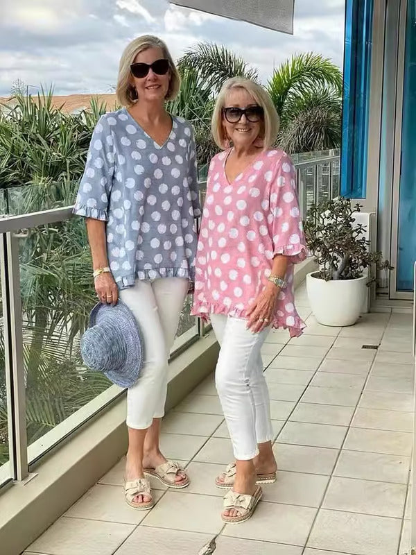 Chloe | Stylische V-Ausschnitt Bluse mit Punkten und langen Ärmeln